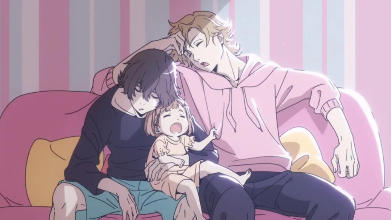 Two men doze together on a couch with a young girl sleeping in the middle.